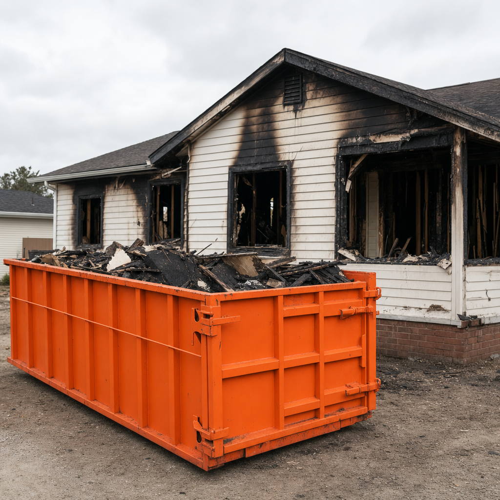 Safety-orange roll-off container holding charred lumber and burnt debris outside a soot-marked, fire-damaged home
